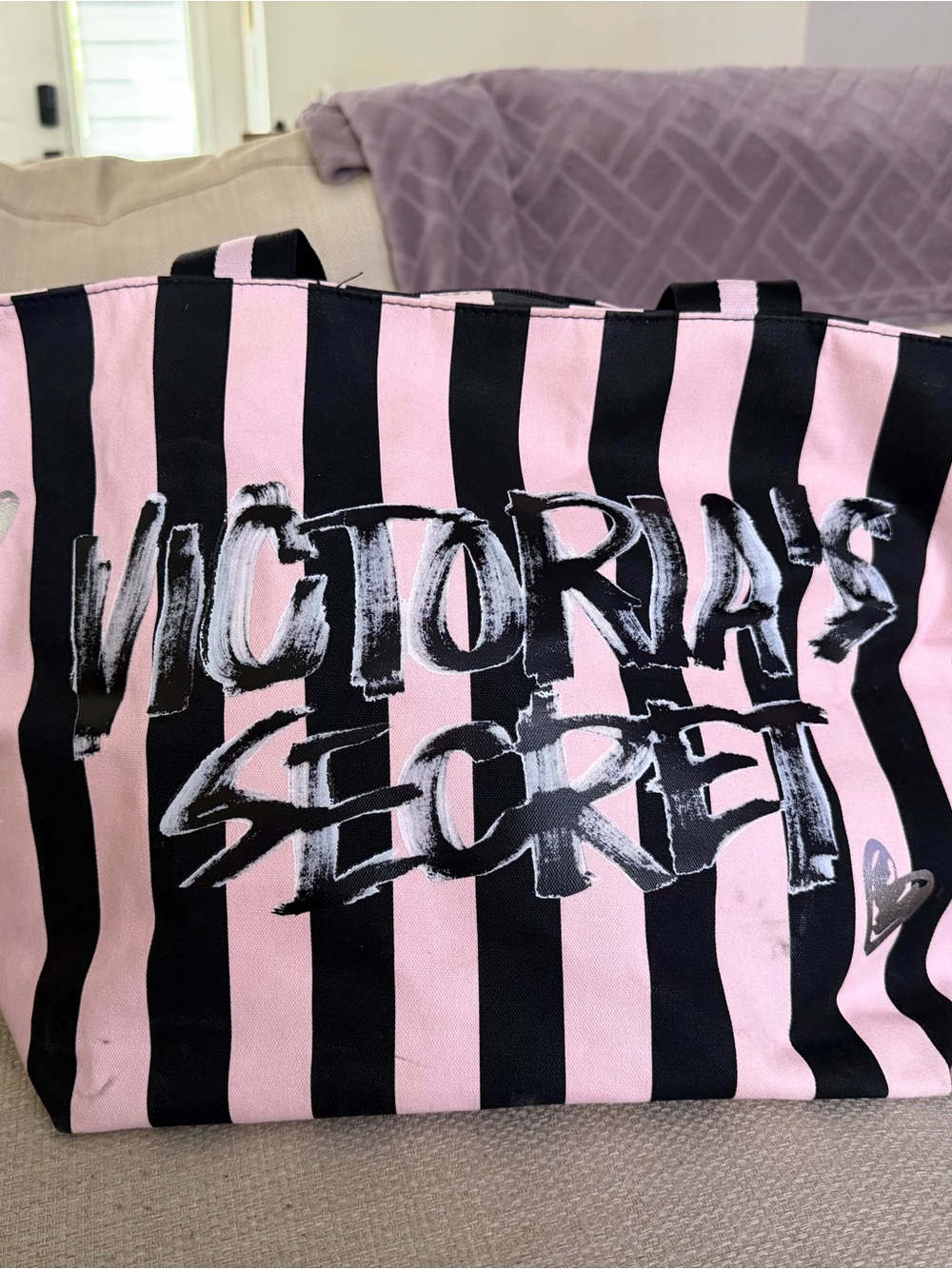 Victoria's Secret Pink and Black Striped Graffiti Logo Tote